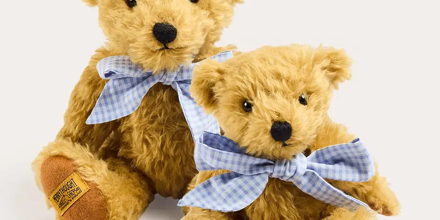 Limited Edition Merrythought & Pepa Teddy Bear with Beauchamp Gingham Bow in Blue (S-M) Toys from Pepa London
