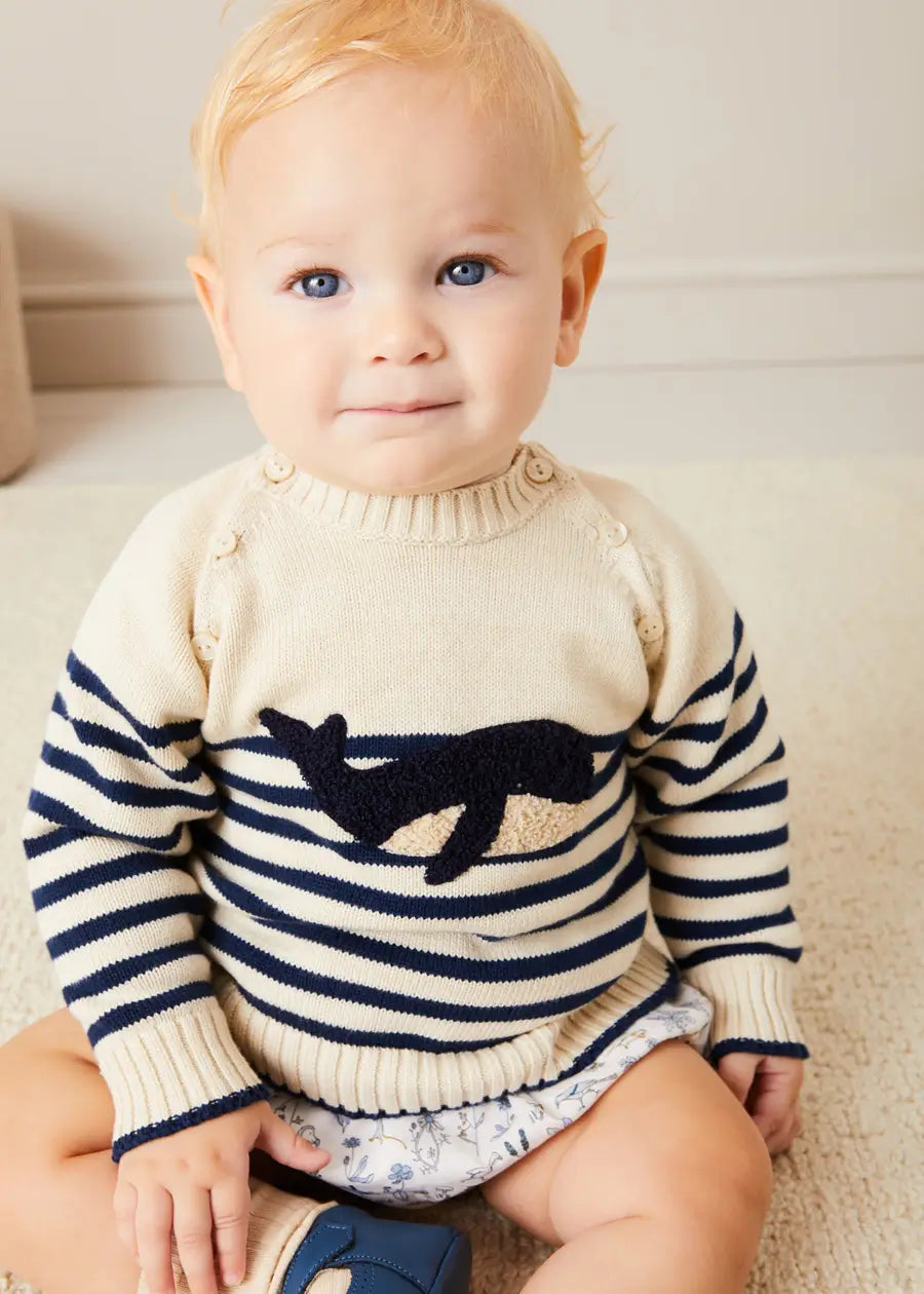 Whale Intarsia Striped Jumper in Blue (6mths-10yrs) Knitwear from Pepa London