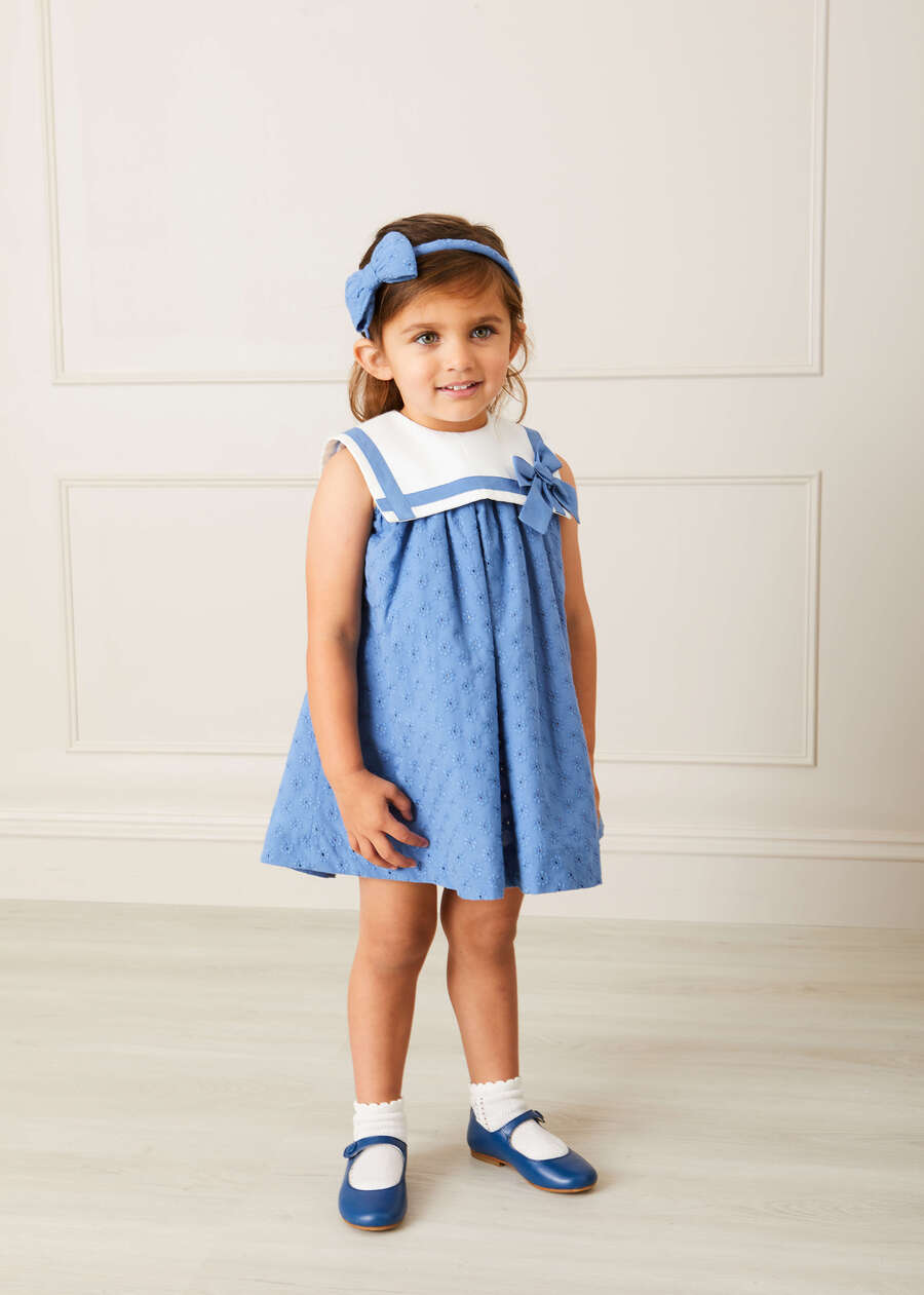 Broderie Anglaise Sleeveless Trapeze Dress in Blue (12mths-10yrs) Dresses  from Pepa London