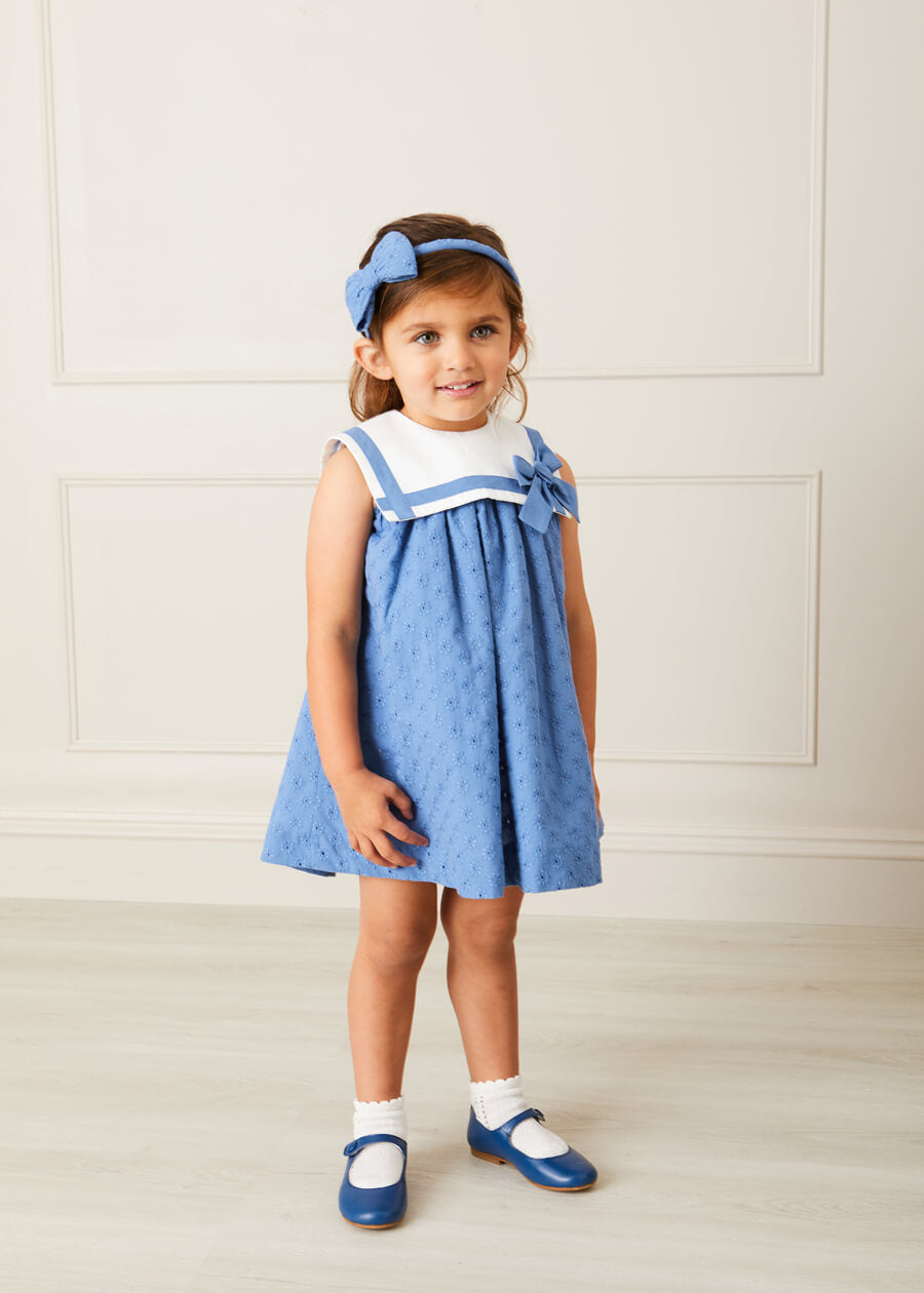 Broderie Anglaise Medium Bow Headband in Blue Hair Accessories  from Pepa London