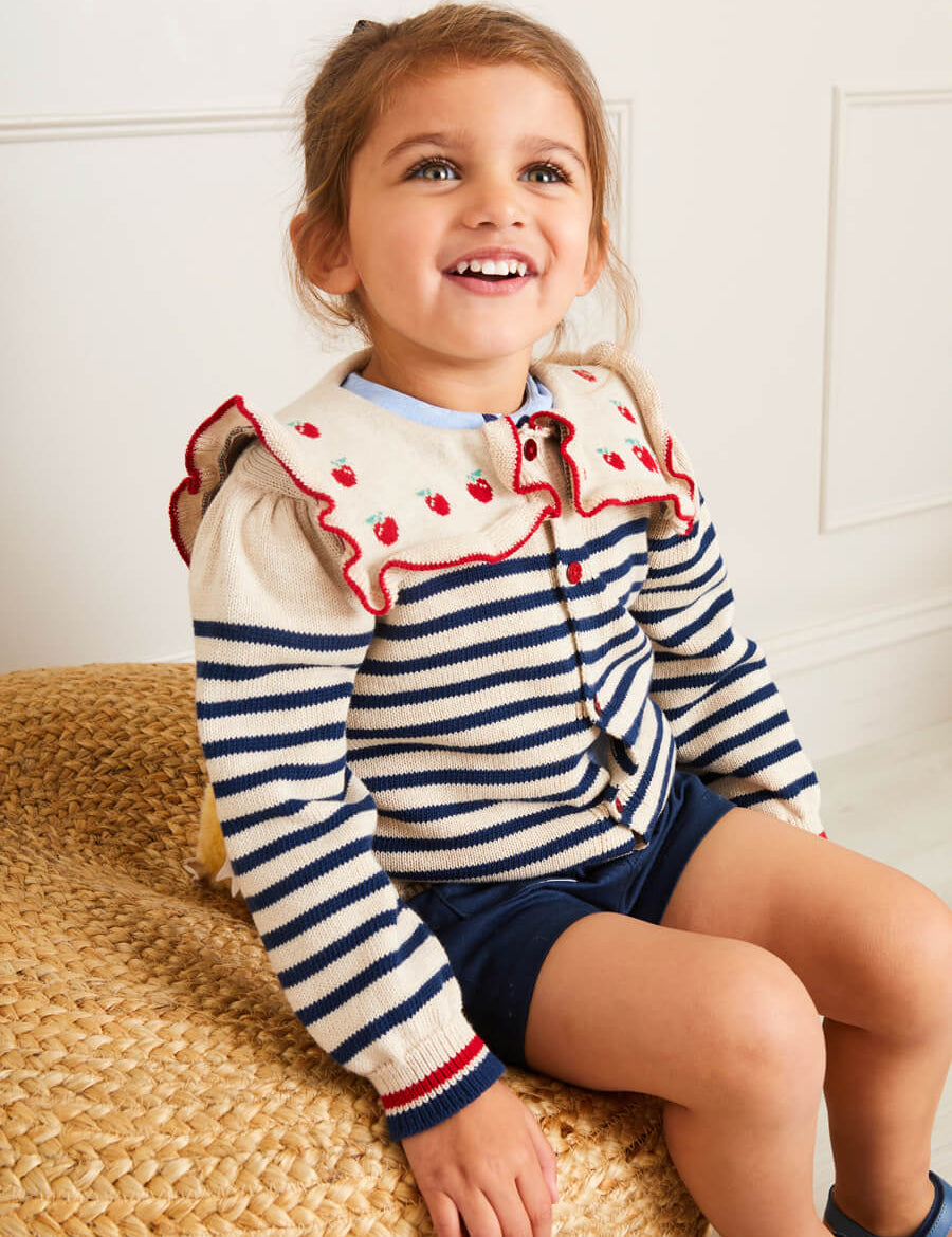 Striped Mariner Collar Apple Motif Cardigan in Beige (12mths-10yrs) Knitwear from Pepa London