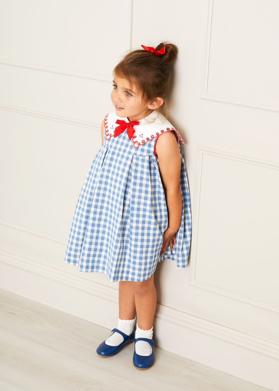 Victoria Gingham Embroidered Sleeveless Dress in Blue (12mths-12yrs)