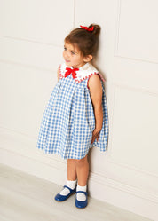 Victoria Gingham Embroidered Sleeveless Dress in Blue (12mths-12yrs)
