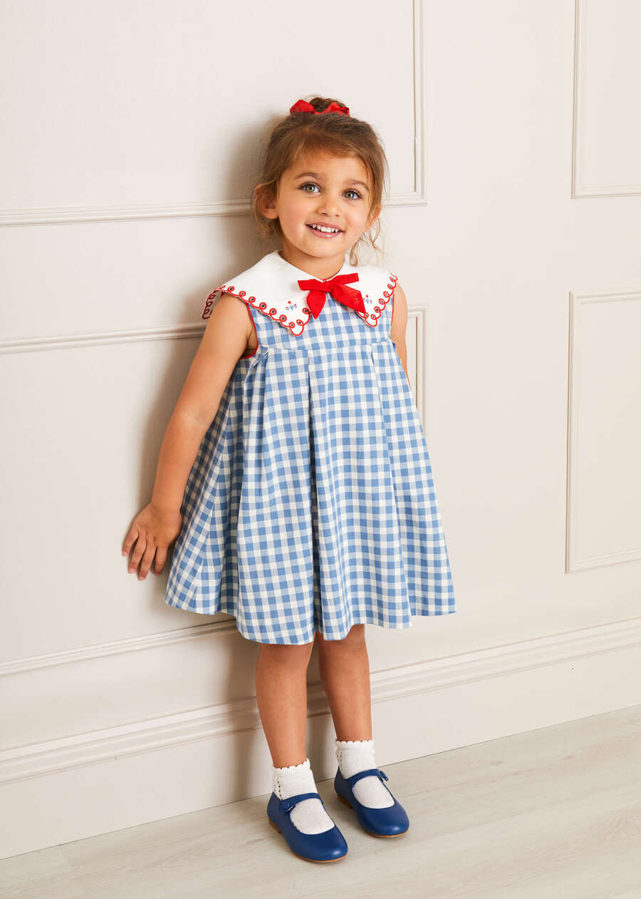 Embroidered Gingham Sleeveless Dress in Blue (12mths-12yrs) Dresses from Pepa London