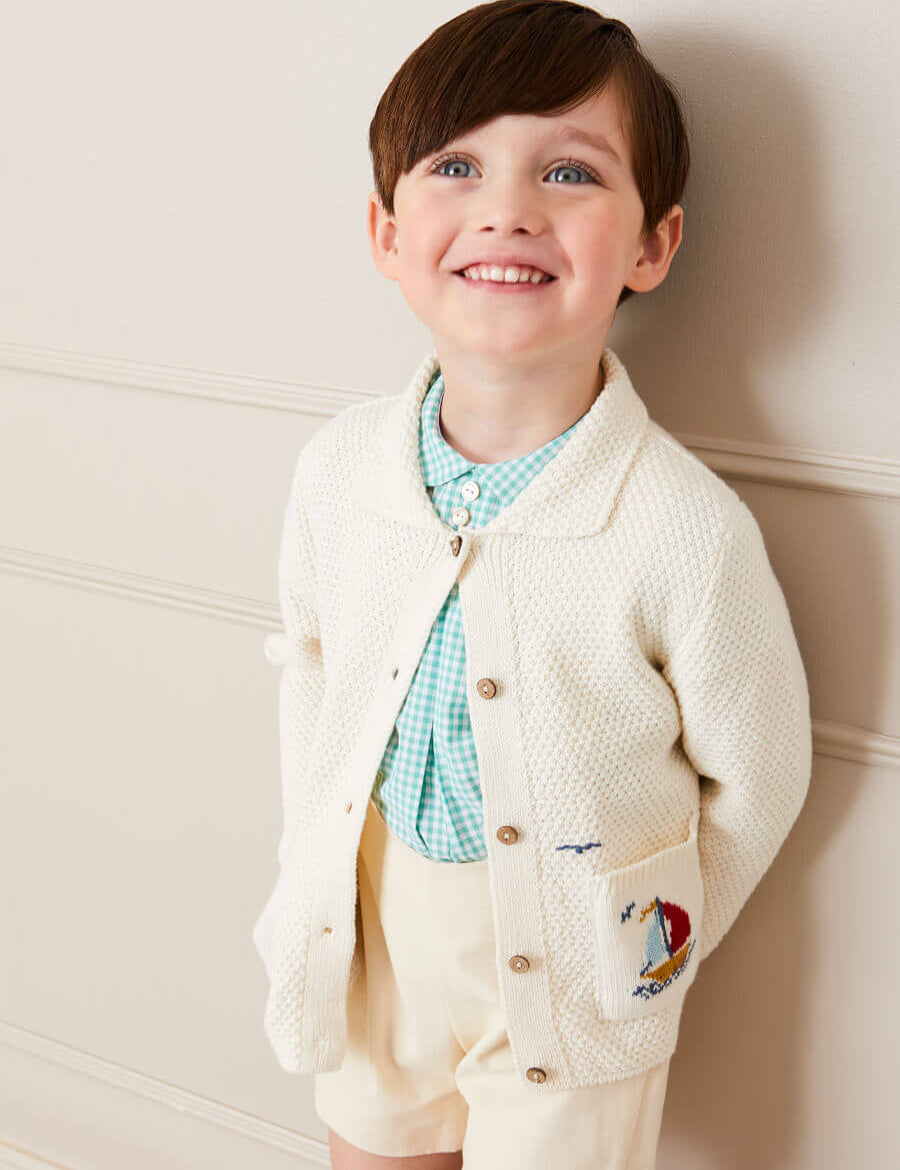 Nautical Boat Embroidery Polo Collar Cardigan in Cream (12mths-6yrs) Knitwear from Pepa London