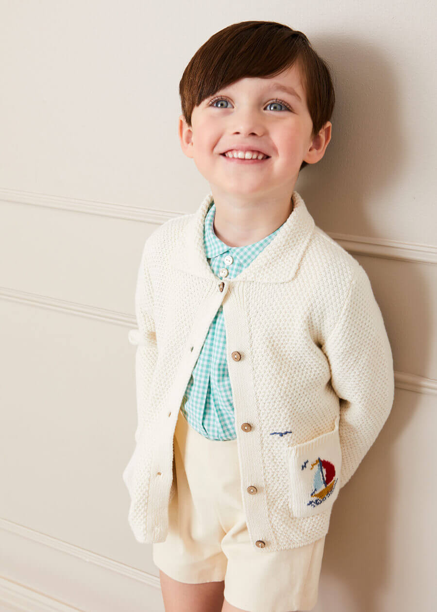 Nautical Boat Embroidery Polo Collar Cardigan in Cream (12mths-6yrs) Knitwear from Pepa London