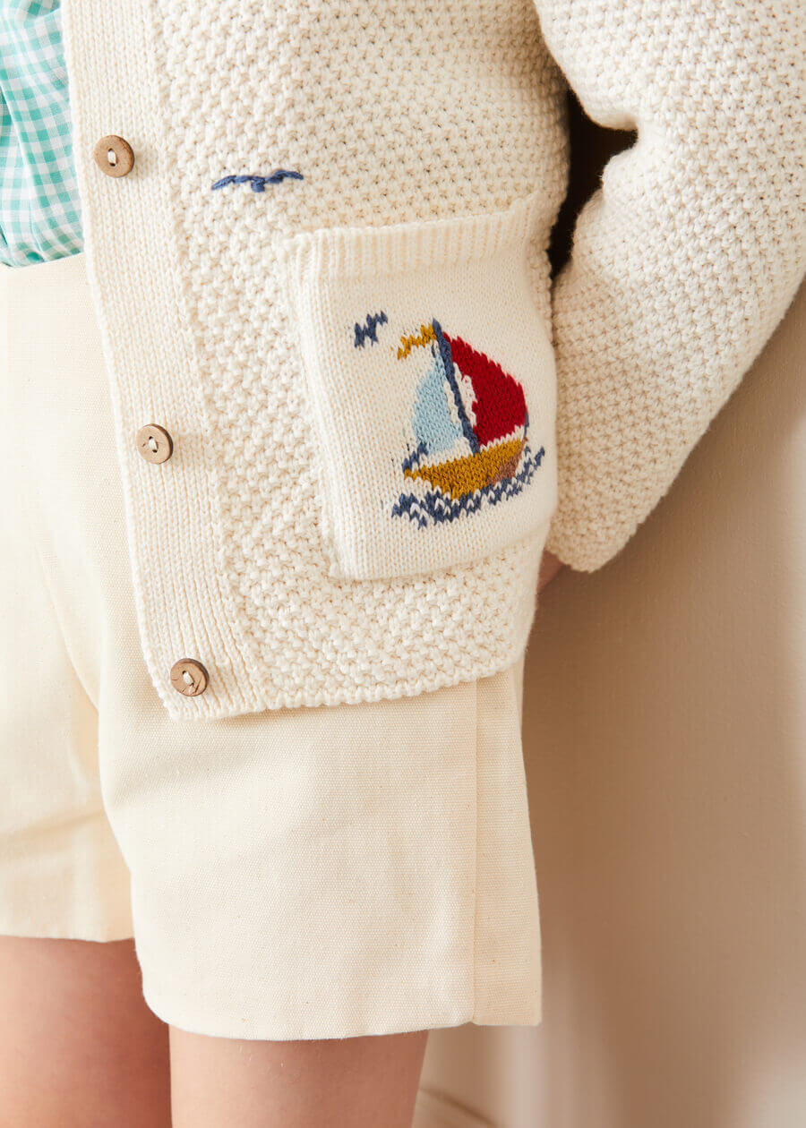 Nautical Boat Embroidery Polo Collar Cardigan in Cream (12mths-6yrs) Knitwear from Pepa London