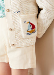 Nautical Boat Embroidery Polo Collar Cardigan in Cream (12mths-6yrs) Knitwear from Pepa London