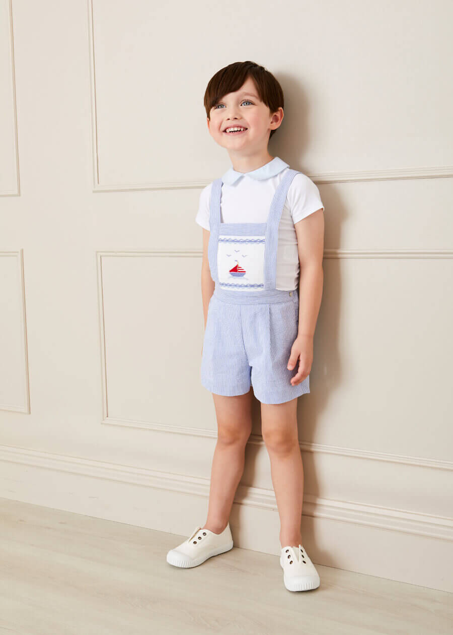 Nautical Striped Boat Embroidery Short Dungarees in Blue (18mths-4yrs) Dungarees  from Pepa London