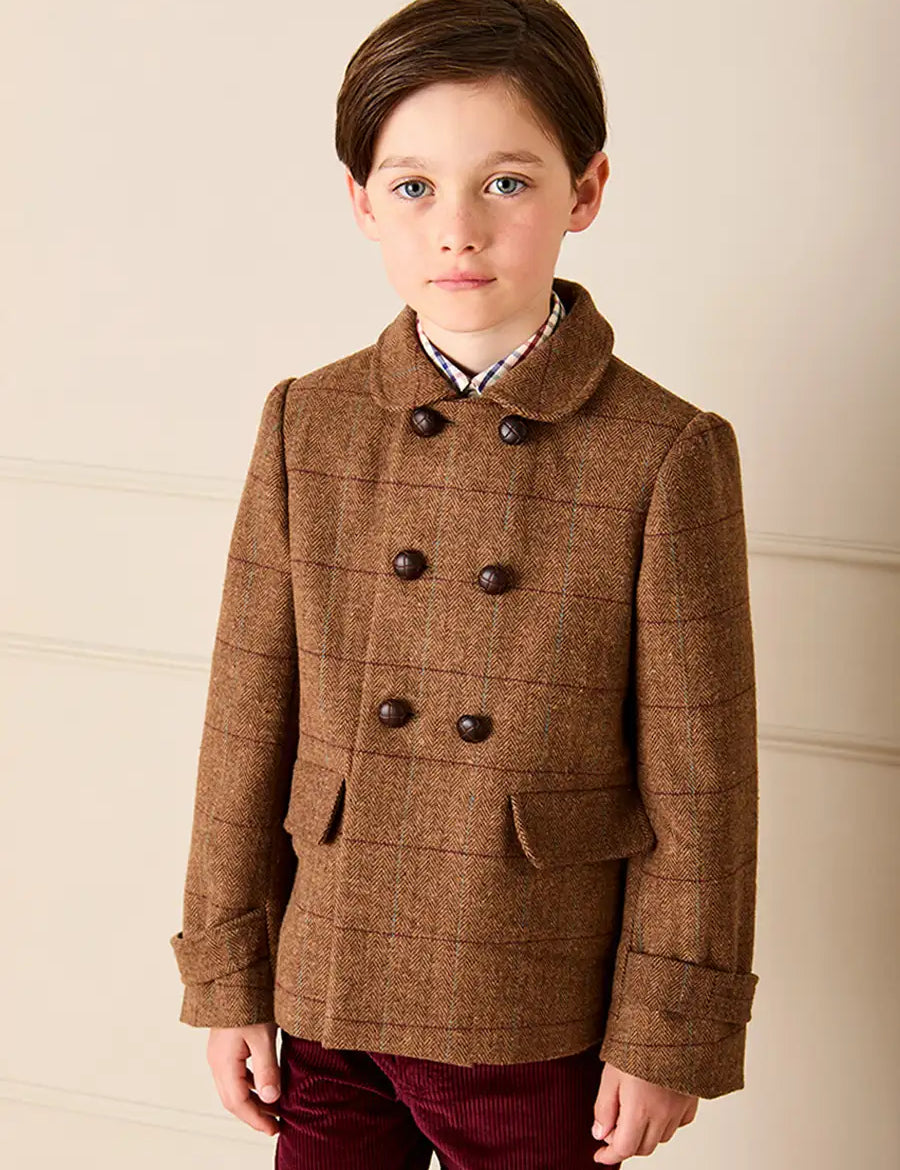 Devonshire Check Double Breasted Coat in Brown (2-10yrs) Coats from Pepa London