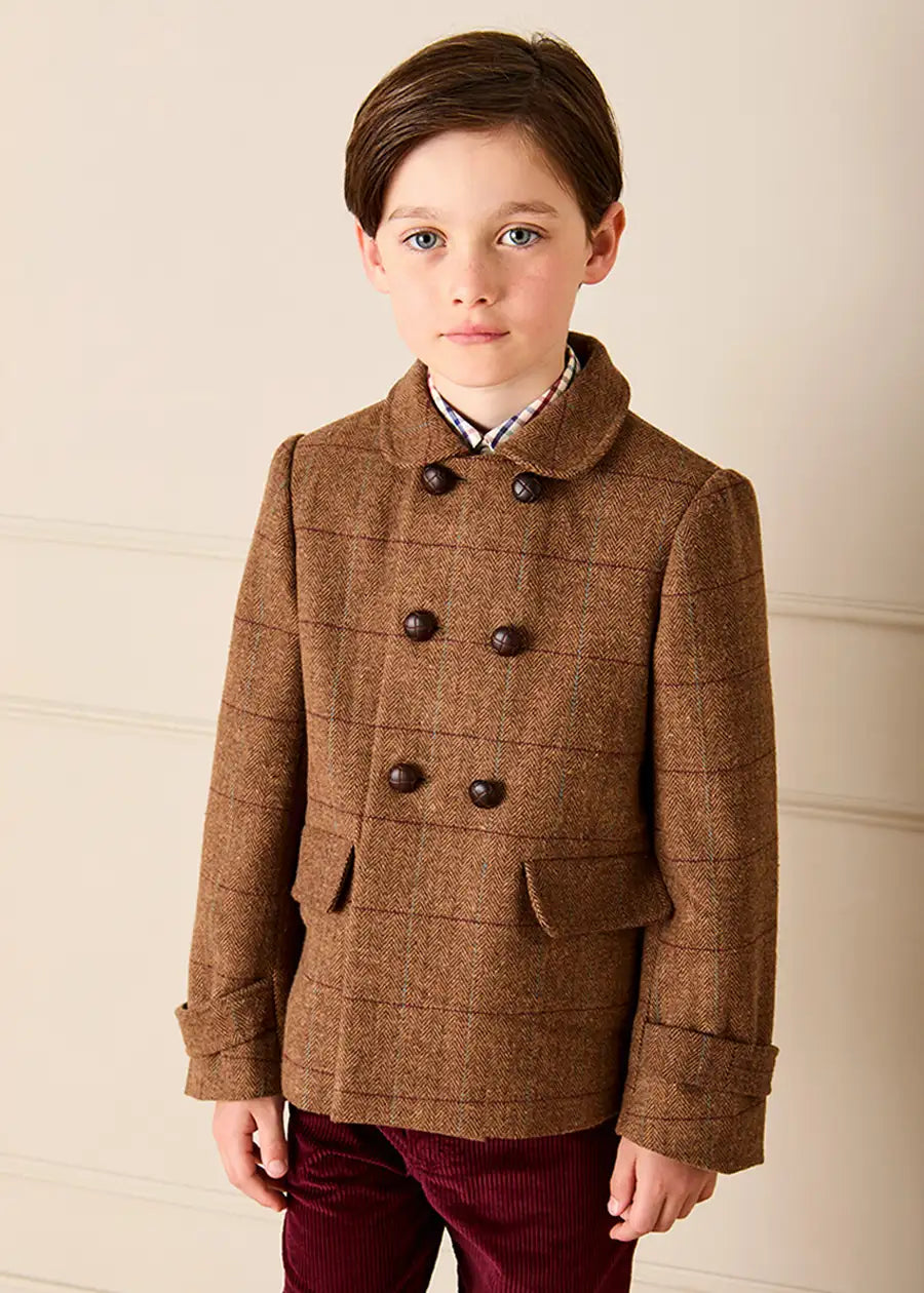 Devonshire Check Double Breasted Coat in Brown (2-10yrs) Coats from Pepa London