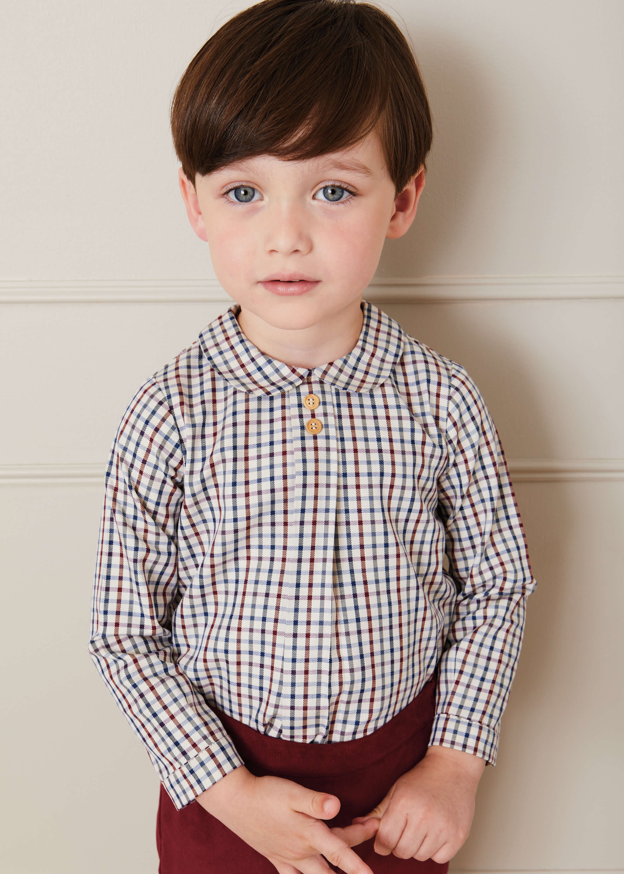 Checked Peter Pan Collar Long Sleeve Shirt In Beige (12mths-3yrs) SHIRTS  from Pepa London