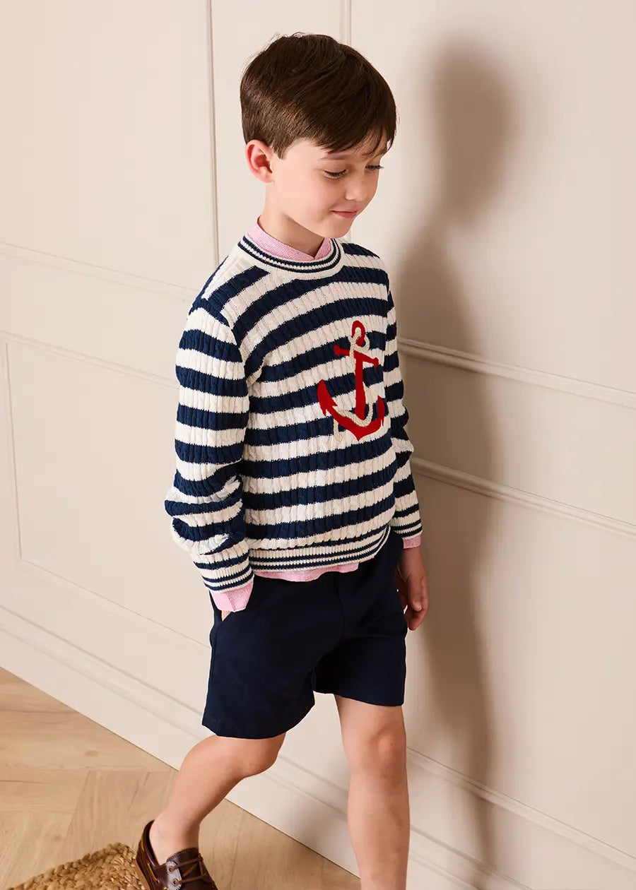Anchor Motif Cable Knit Sailor Stripe Jumper in Navy (12mths- 10yrs) Knitwear from Pepa London