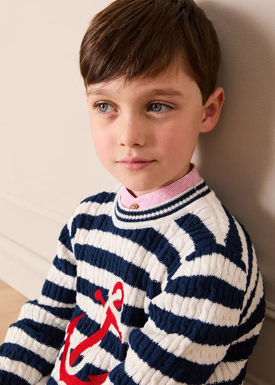 Anchor Motif Cable Knit Sailor Stripe Jumper in Navy (12mths- 10yrs) Knitwear from Pepa London