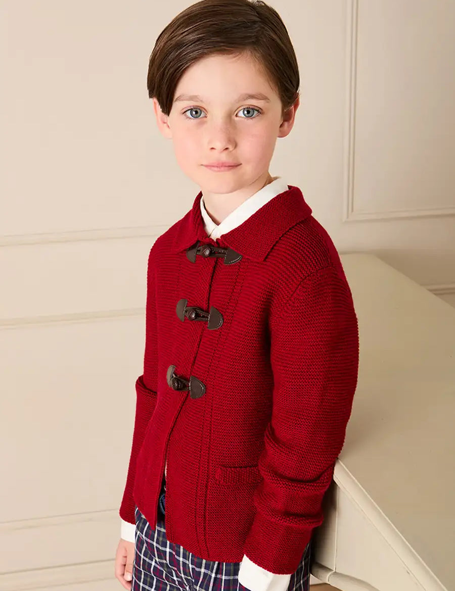 Knitted Toggle Fastening Cardigan in Red (12mths-10yrs) Knitwear from Pepa London