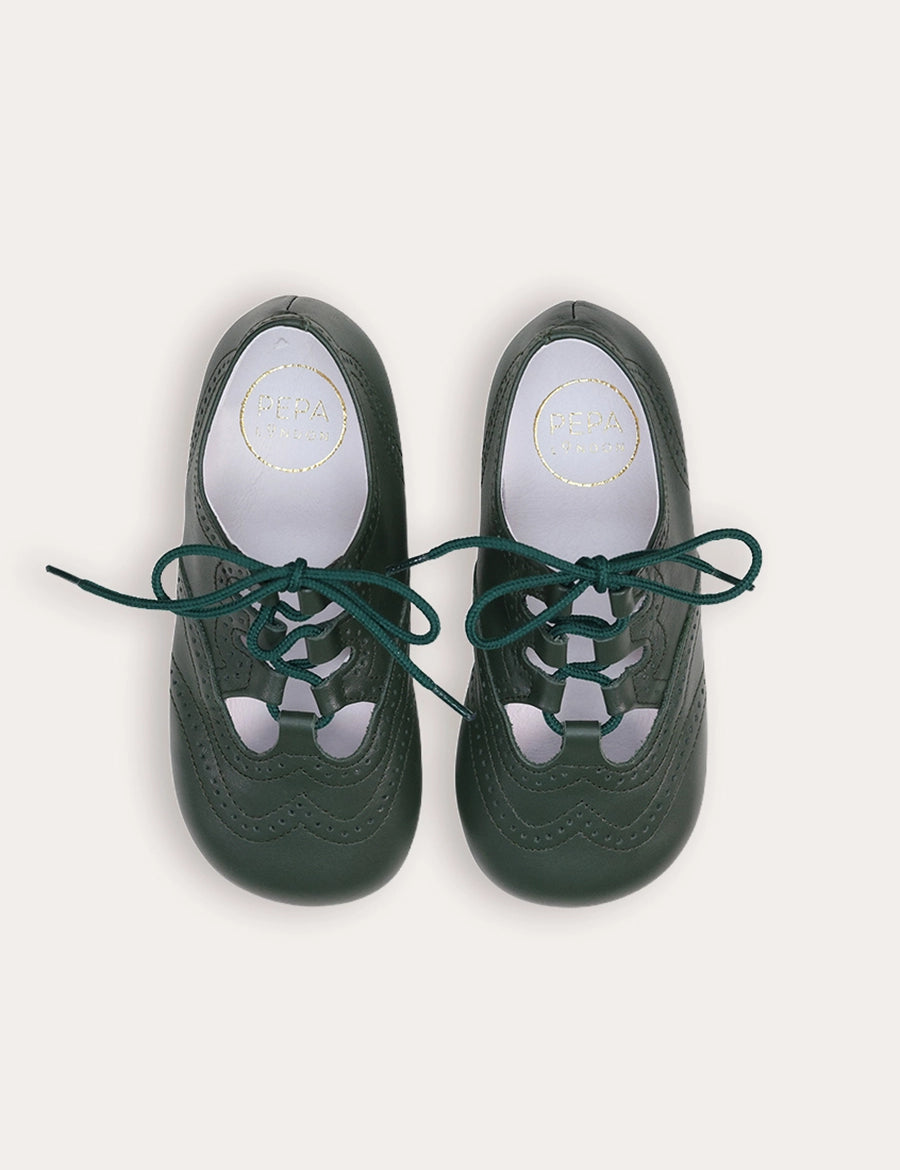 Leather Brogue Detail Lace Up Shoes in British Racing Green (20-26EU) Shoes from Pepa London