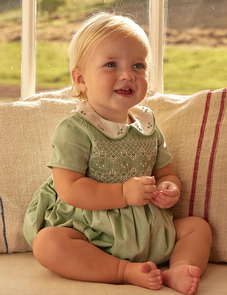 Peter Pan Collar Hand Smocked Short Sleeve Romper in Green (3mths-2yrs) Rompers from Pepa London
