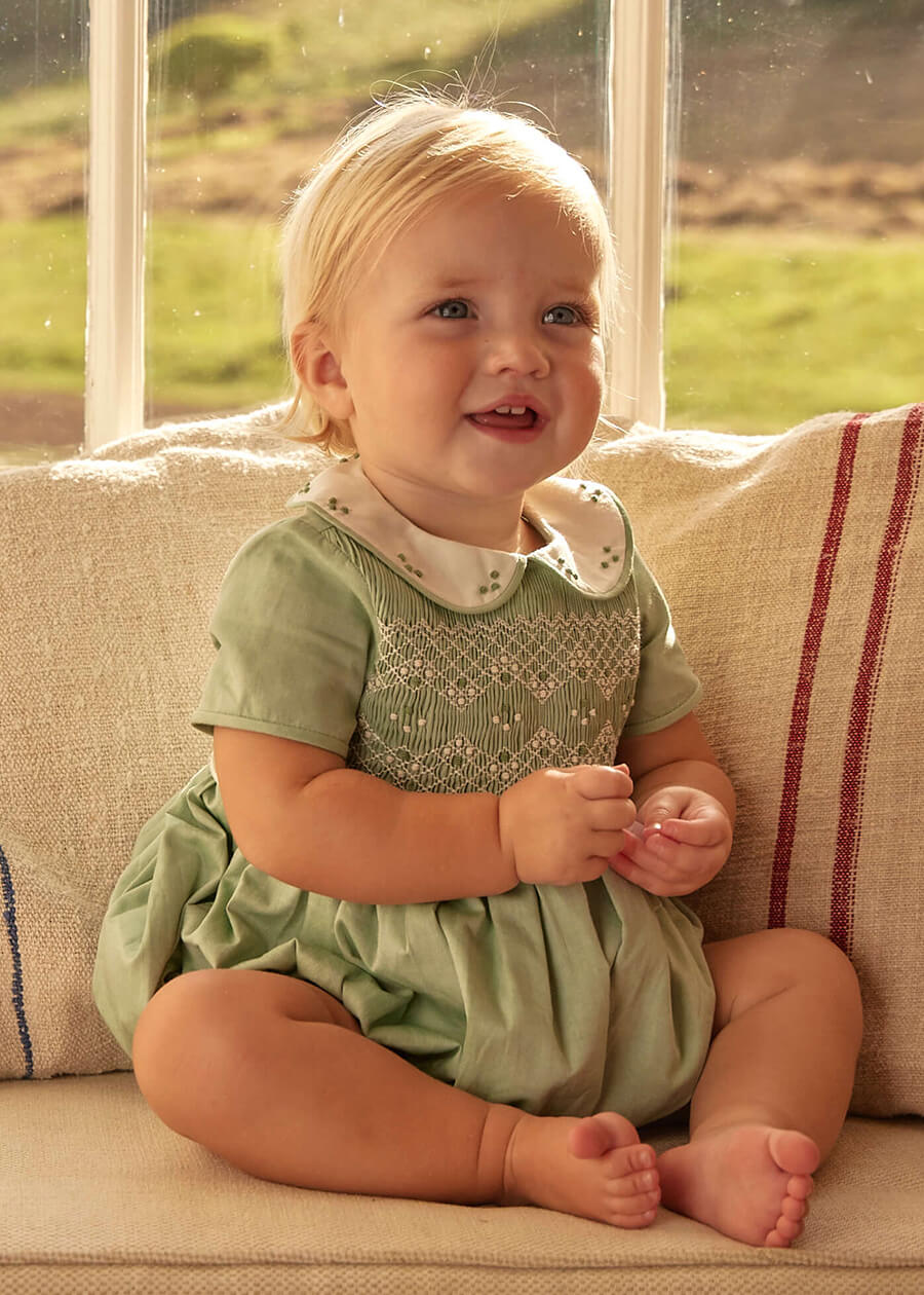 Peter Pan Collar Hand Smocked Short Sleeve Romper in Green (3mths-2yrs) Rompers from Pepa London