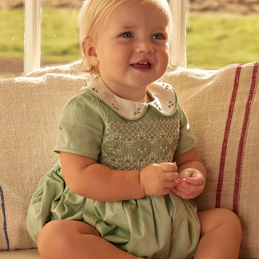 Peter Pan Collar Hand Smocked Short Sleeve Romper in Green (3mths-2yrs) Rompers from Pepa London