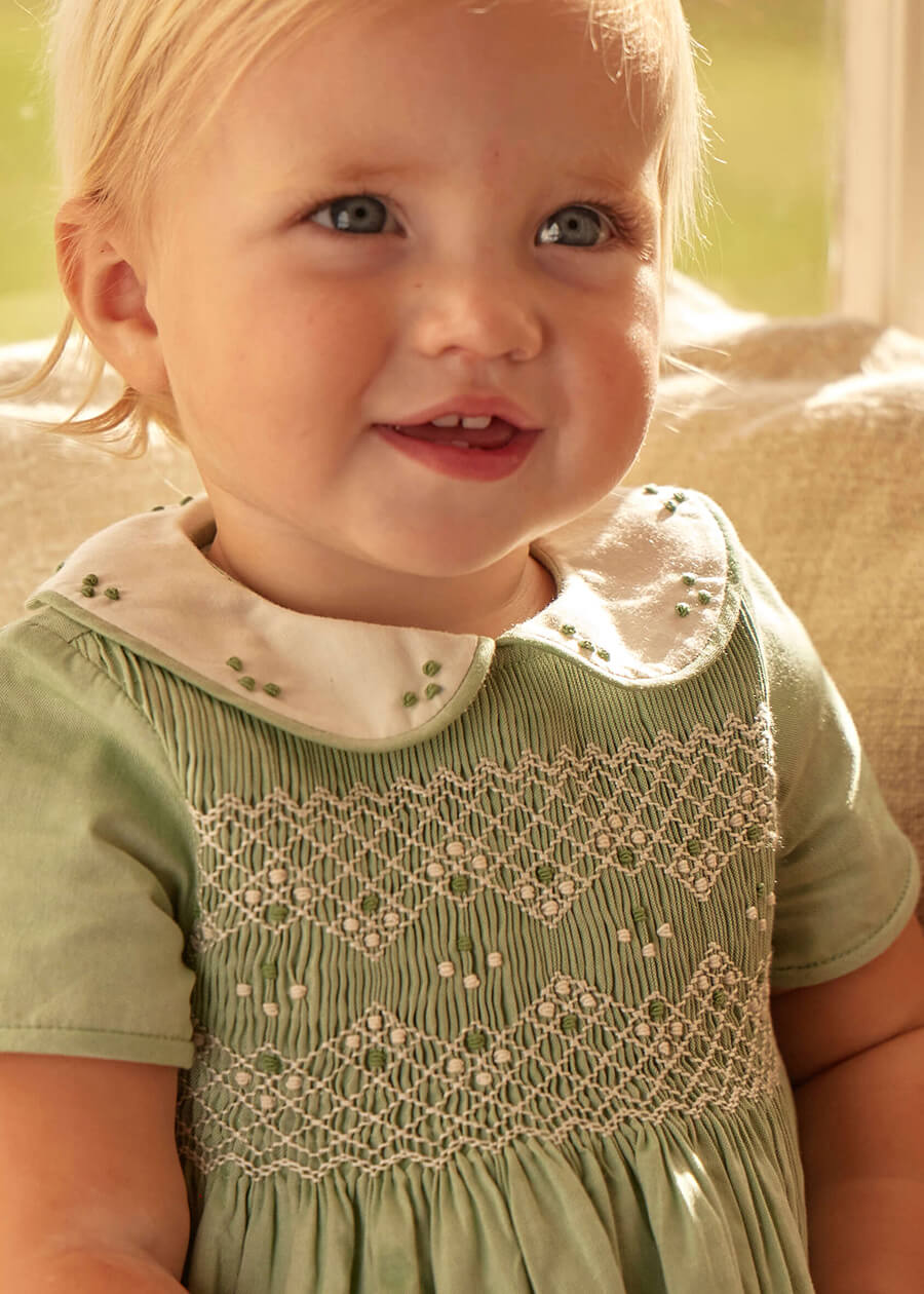 Peter Pan Collar Hand Smocked Short Sleeve Romper in Green (3mths-2yrs) Rompers from Pepa London