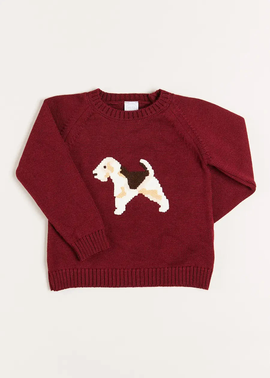 Doggy Intarsia Jumper in Burgundy (12mths-10yrs) Knitwear from Pepa London