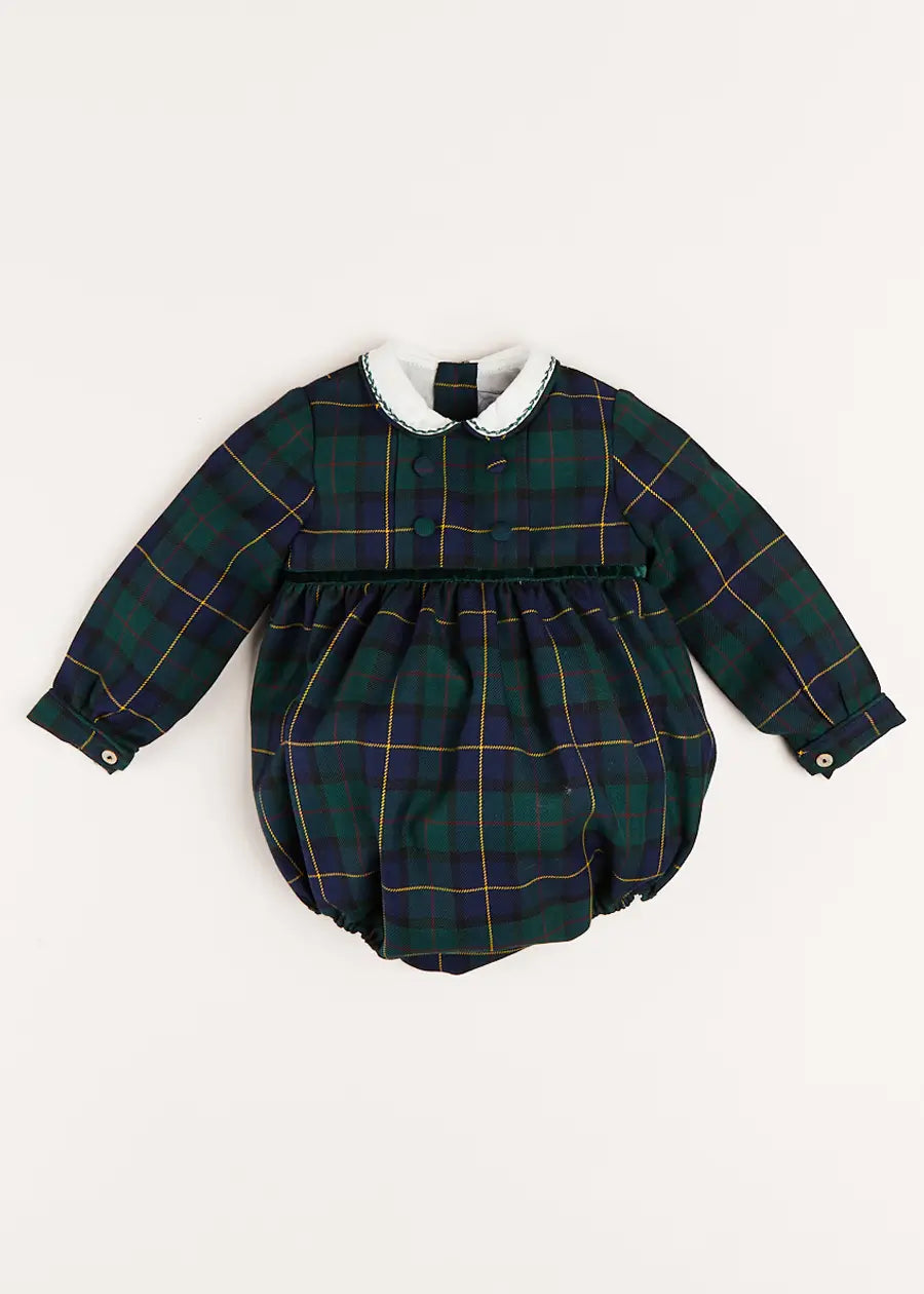 Windsor Tartan Smocked Romper in Green (6mths-2yrs) Rompers  from Pepa London