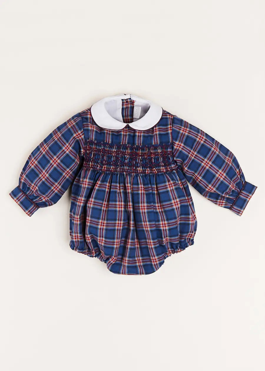 Eaton Check Hand Smocked Romper in Navy (6mths-2yrs) Rompers  from Pepa London