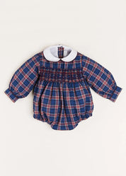 Eaton Check Hand Smocked Romper in Navy (6mths-2yrs) Rompers  from Pepa London