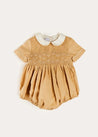 Peter Pan Collar Hand Smocked Short Sleeve Romper in Camel (6mths-2yrs) ROMPERS from Pepa London