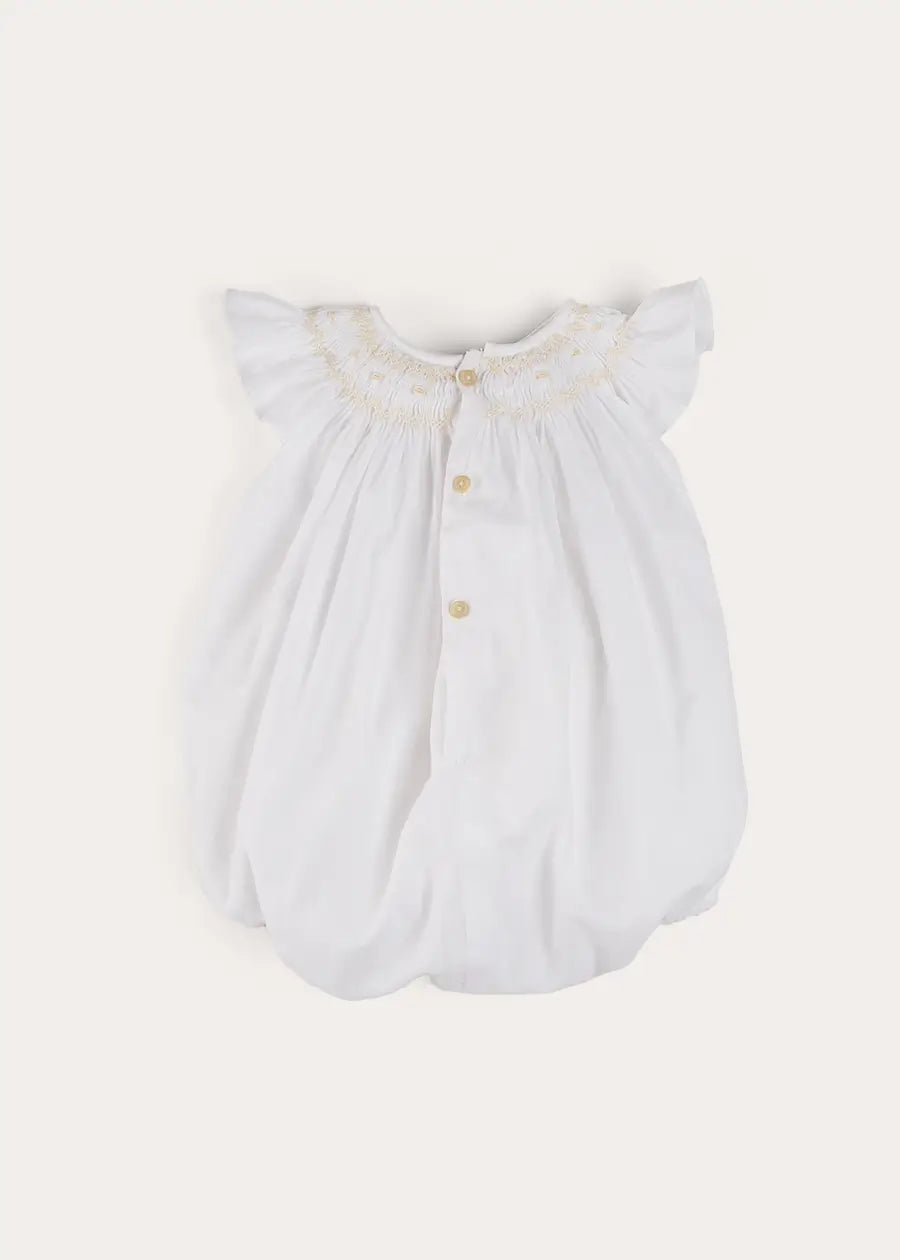 Hand Smocked Sleeveless Romper in White (3-18mths) ROMPERS from Pepa London