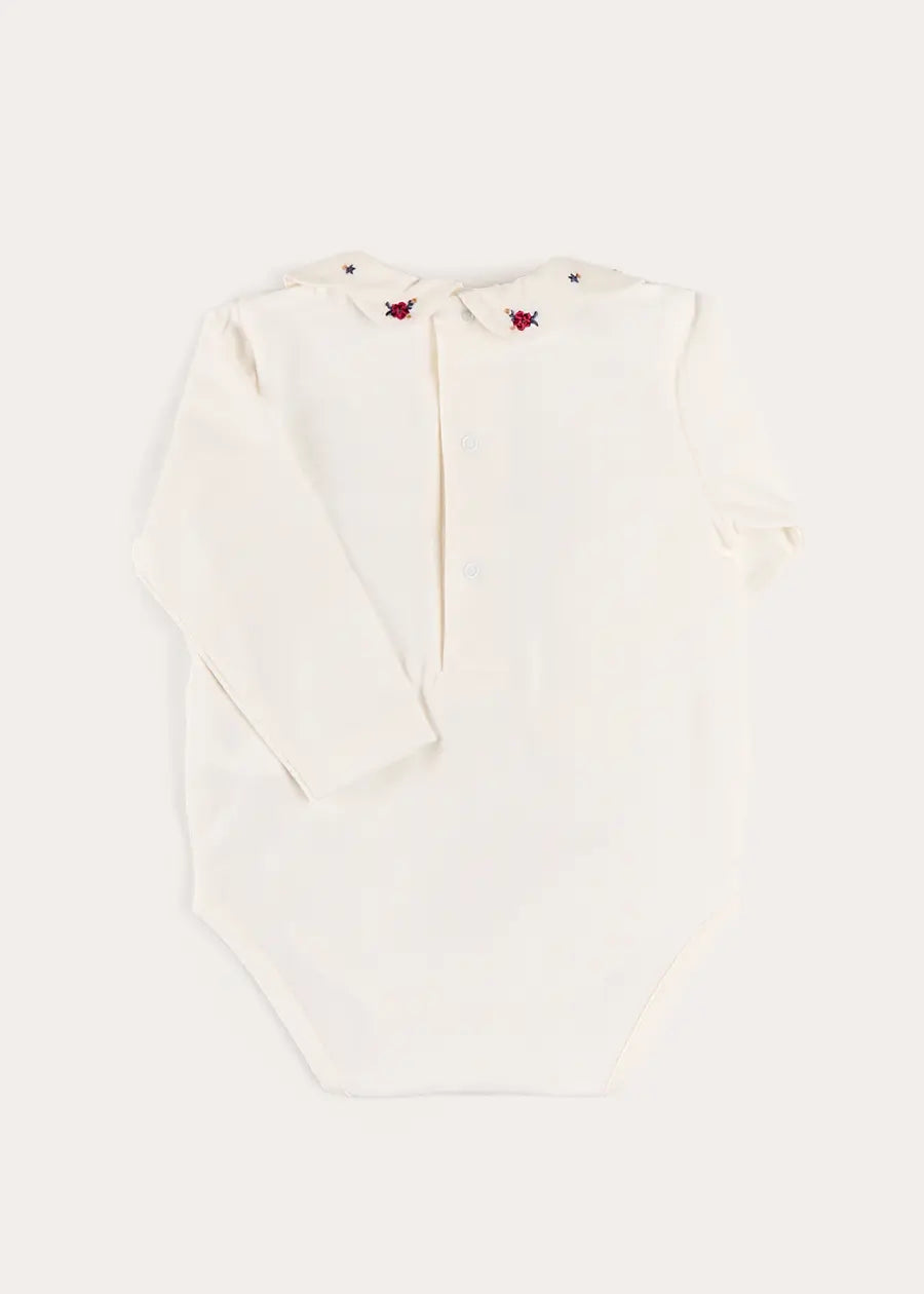 Flower Embroidered Collar Long Sleeve Bodysuit in Red (1mth-3yrs) Tops & Bodysuits from Pepa London