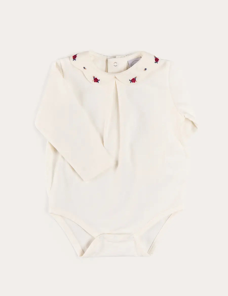 Flower Embroidered Collar Long Sleeve Bodysuit in Red (1mth-3yrs) Tops & Bodysuits from Pepa London