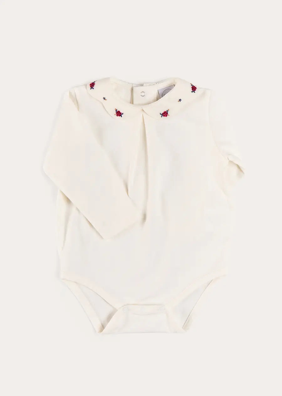 Flower Embroidered Collar Long Sleeve Bodysuit in Red (1mth-3yrs) Tops & Bodysuits from Pepa London