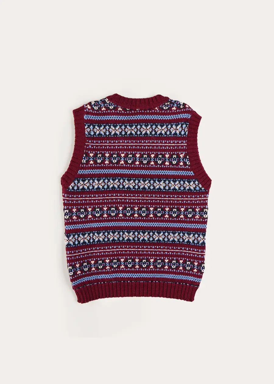 Jacquard Knit Sweater Vest in Burgundy (4-10yrs) Knitwear from Pepa London