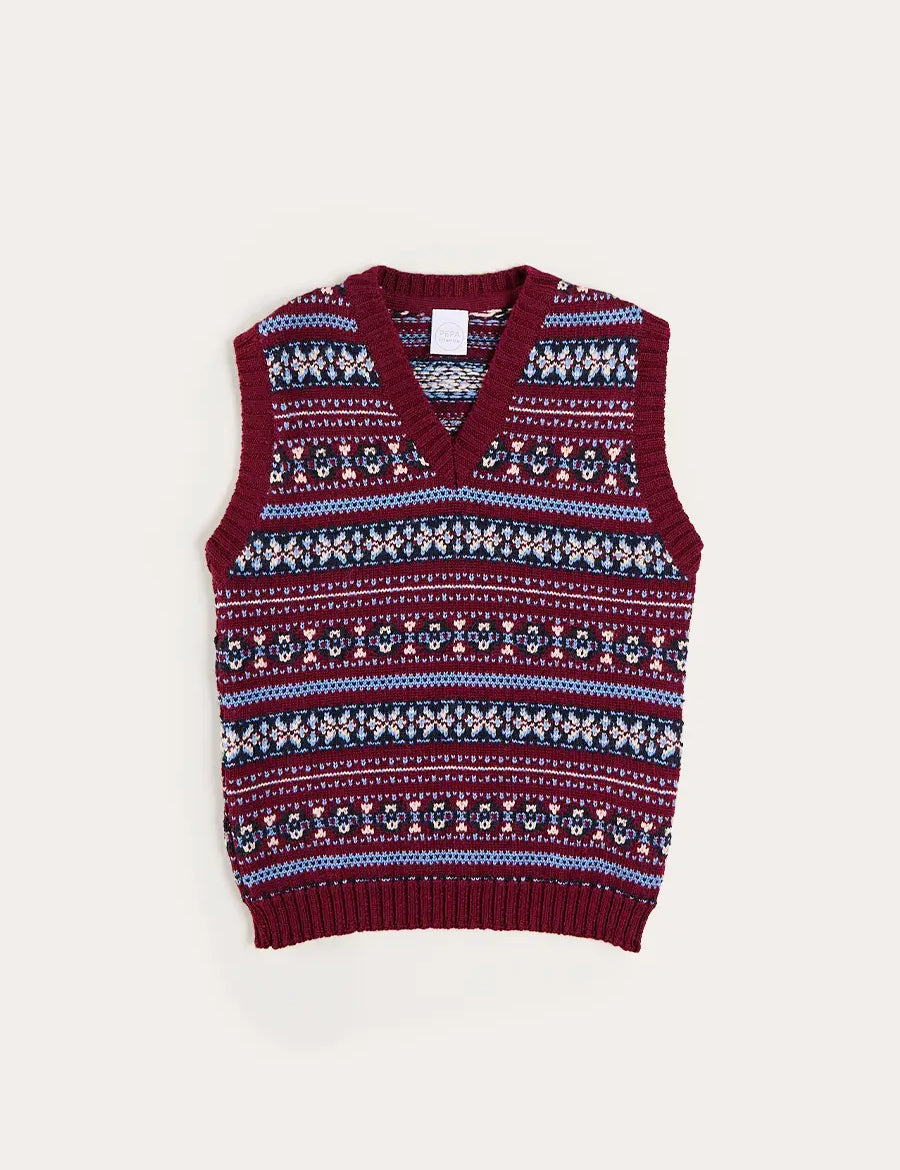 Jacquard Knit Sweater Vest in Burgundy (4-10yrs) Knitwear from Pepa London