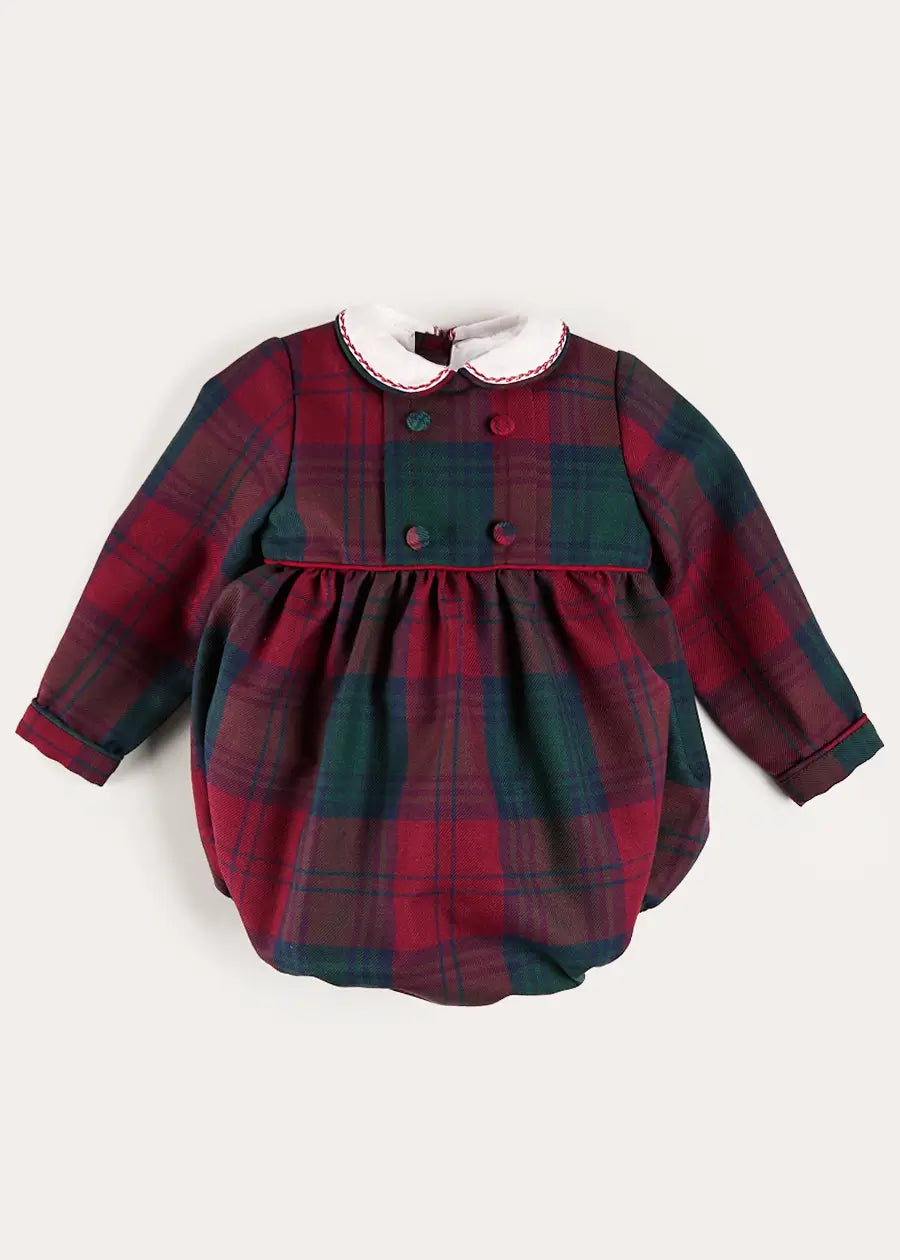 Grosvenor Tartan Peter Pan Collar Long Sleeve Romper in Red (6mths-3yrs) Rompers from Pepa London