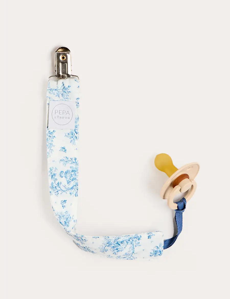 Audrey Toile Dummy Clip in Blue Accessories from Pepa London