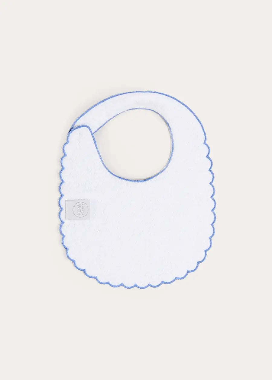 Audrey Toile Scallop Edge Lined Bib in Blue Accessories from Pepa London