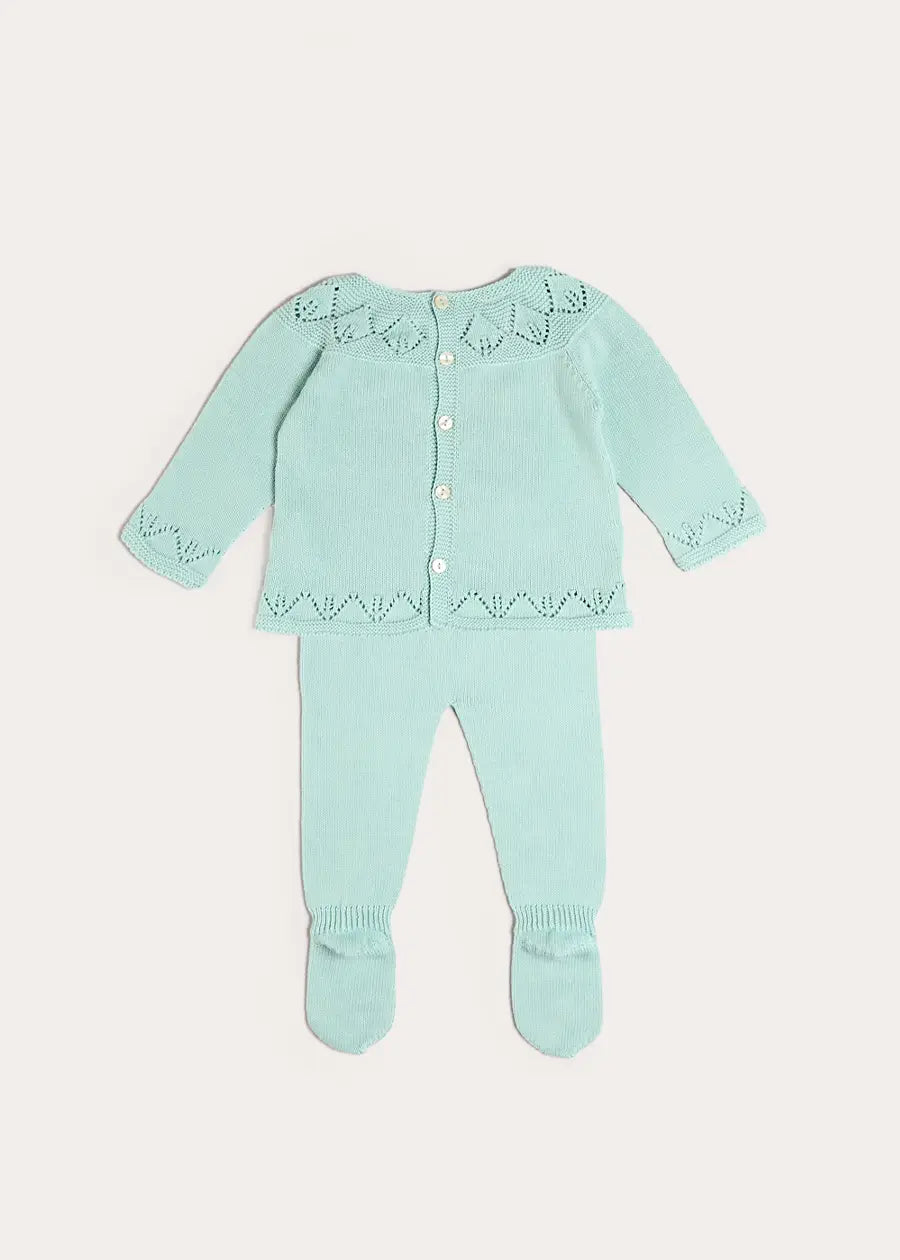 Diamond Openwork Three Piece Knitted Set in Sage Green (1-9mths) Knitwear from Pepa London