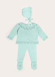 Diamond Openwork Three Piece Knitted Set in Sage Green (1-9mths) Knitwear from Pepa London