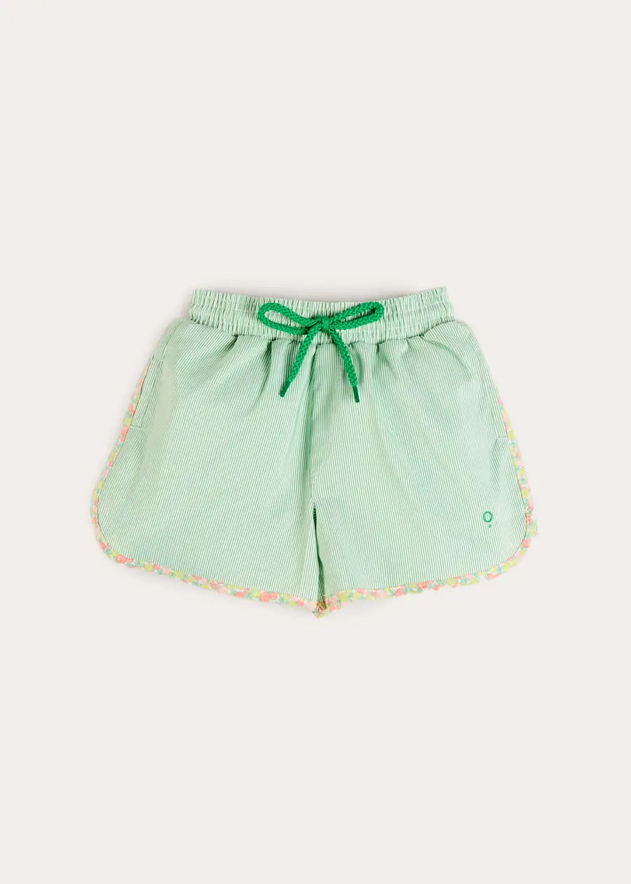 Striped Annie Apple Trim Detail Swim Shorts in Green (12mths- 10yrs) Swimwear from Pepa London