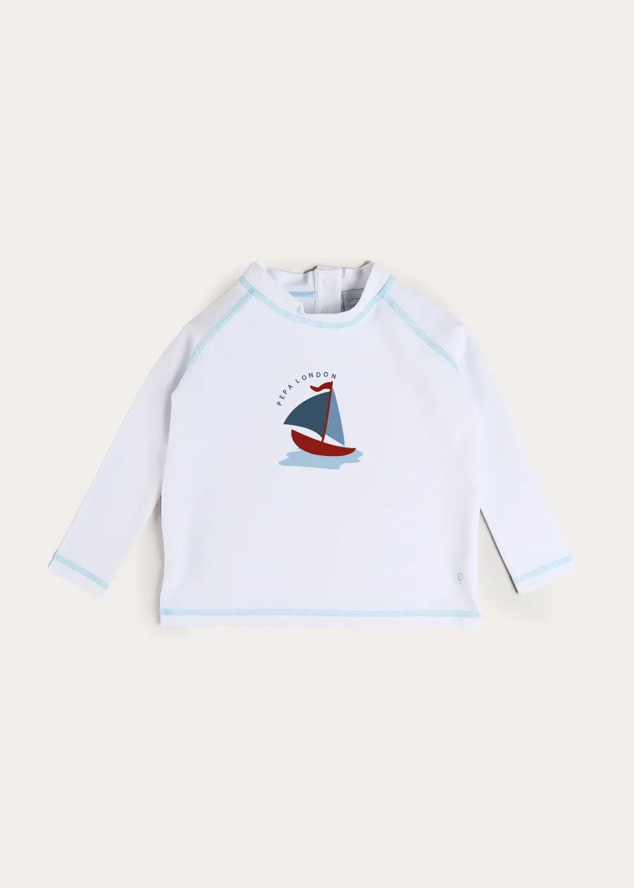 Boat Motif Rashguard in White (2-10yrs) Swimwear from Pepa London