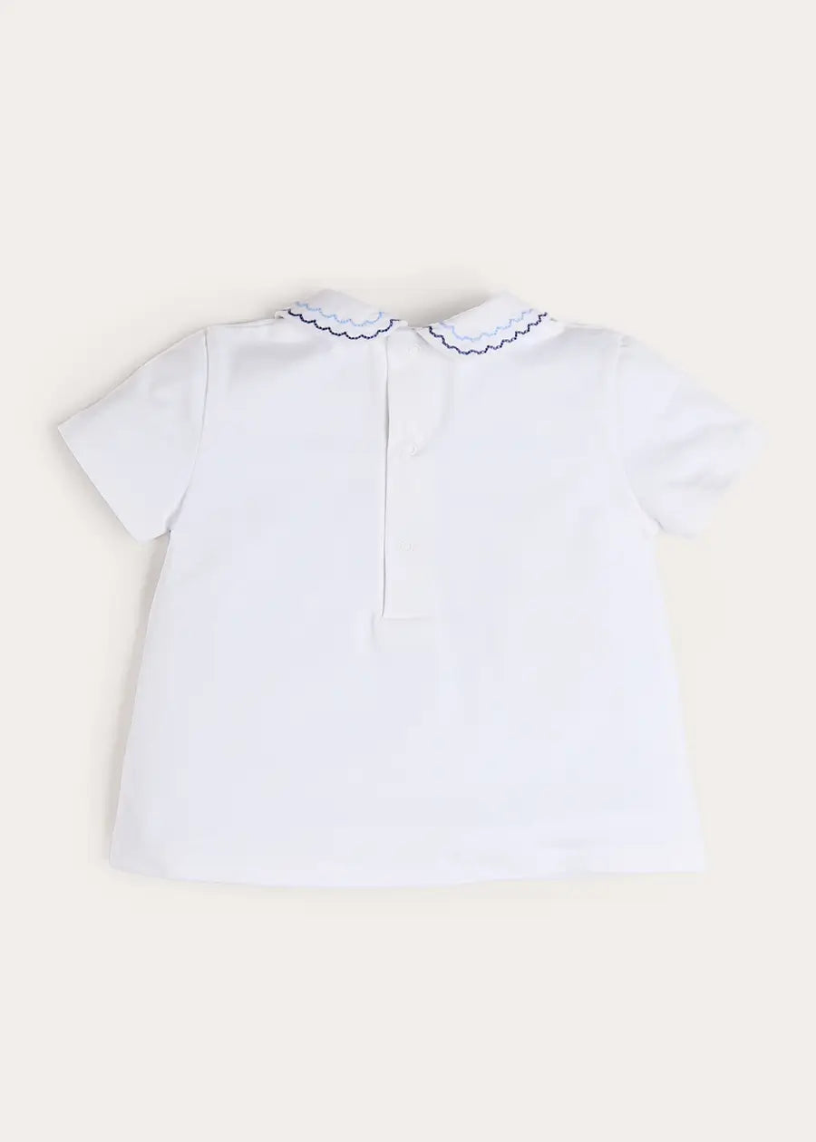 Scallop Embroidered Peter Pan Collar Pleated Top in White (12mths-6yrs) Tops & Bodysuits from Pepa London