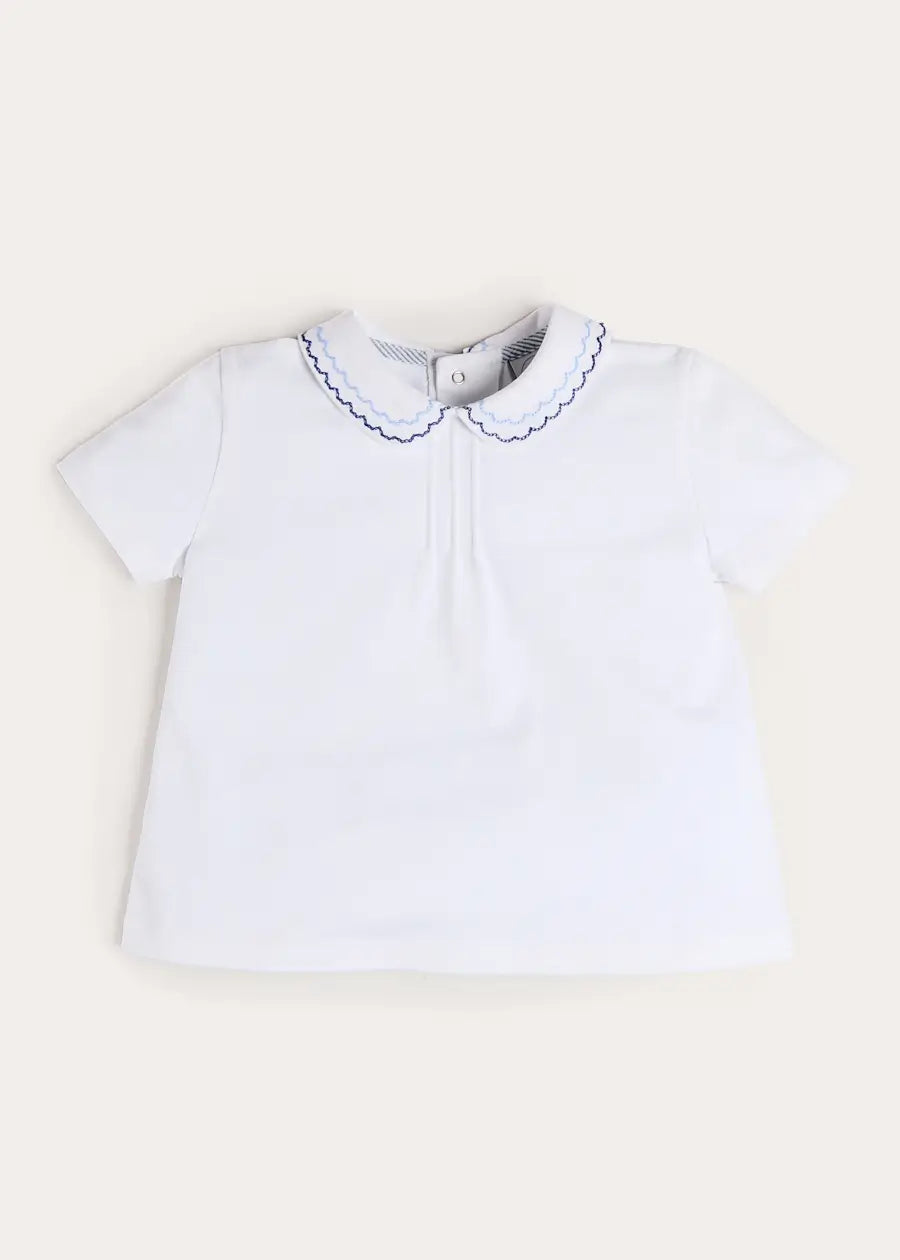 Scallop Embroidered Peter Pan Collar Pleated Top in White (12mths-6yrs) Tops & Bodysuits from Pepa London