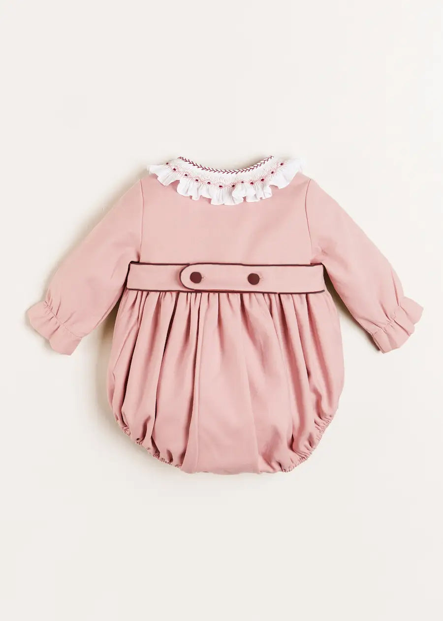 Hand Smocked Double Breasted Long Sleeve Romper in Pink | Pepa London