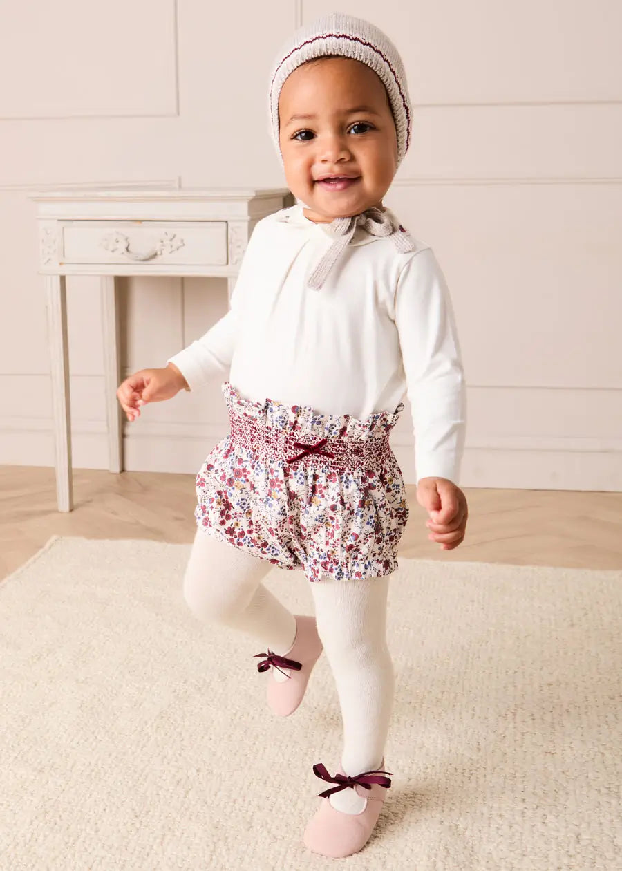 Louisa Floral Velvet Bow Detail Bloomers in Burgundy (1mth-3yrs) Bloomers from Pepa London