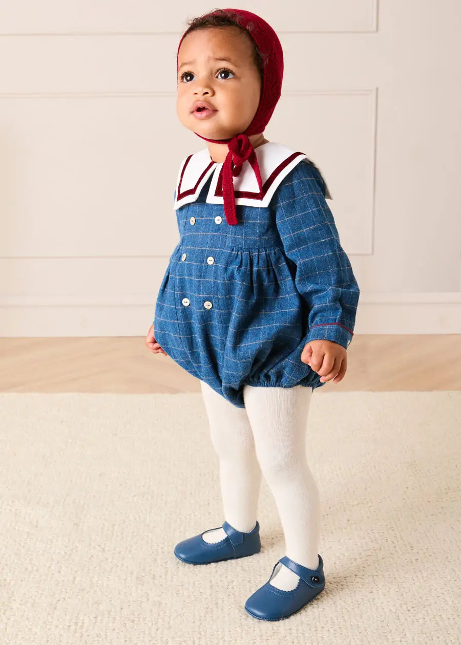 Moreton Check Mariner Collar Long Sleeve Romper in Blue (6mths-2yrs) Rompers from Pepa London