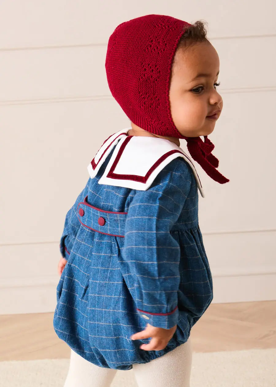 Moreton Check Mariner Collar Long Sleeve Romper in Blue (6mths-2yrs) Rompers from Pepa London