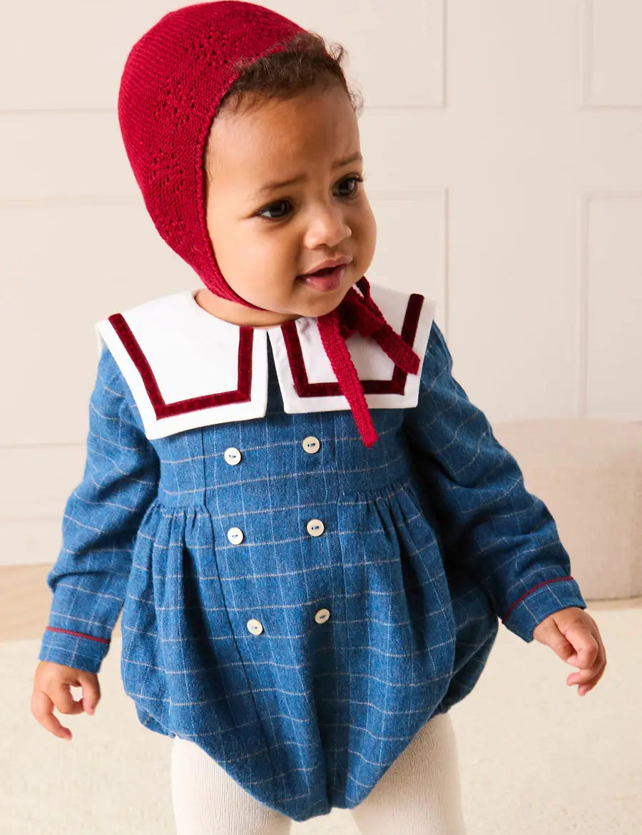 Moreton Check Mariner Collar Long Sleeve Romper in Blue (6mths-2yrs) Rompers from Pepa London