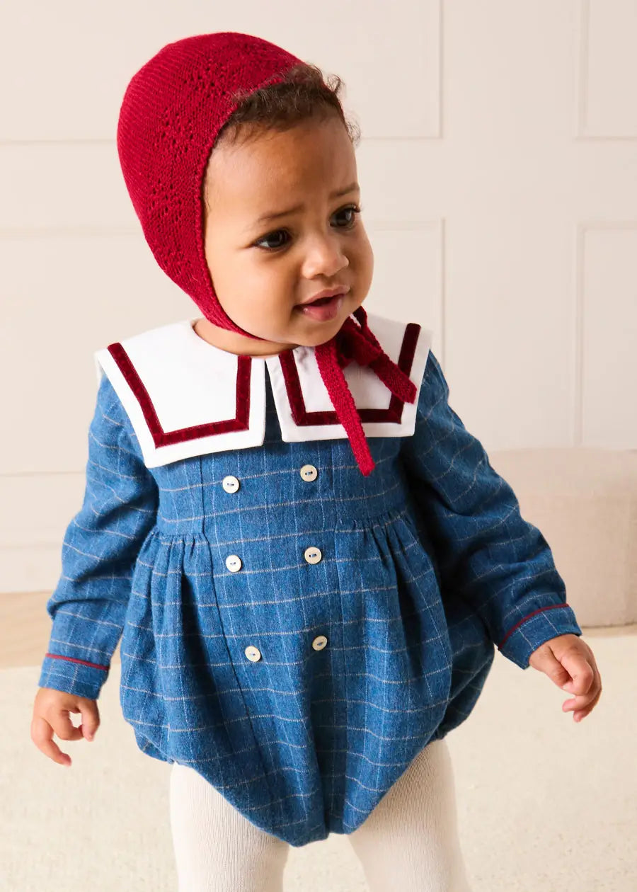 Moreton Check Mariner Collar Long Sleeve Romper in Blue (6mths-2yrs) Rompers from Pepa London